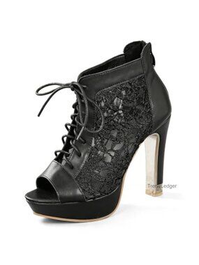 Women's Floral Mesh Lace Up Peep Toe Ankle Boots Chunky Heel Platform Dance